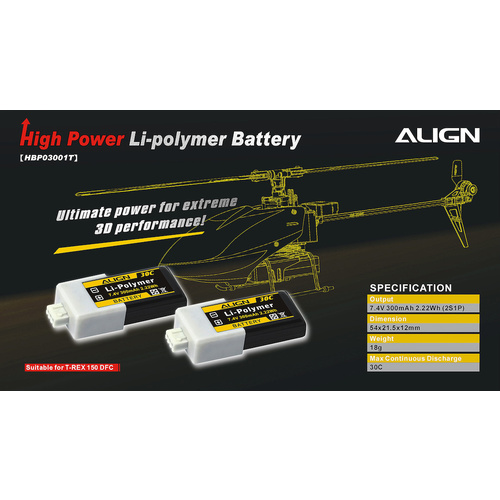 HBP03001 - Align 2s 1P 7.4v 300mah 30c Lipo Battery
