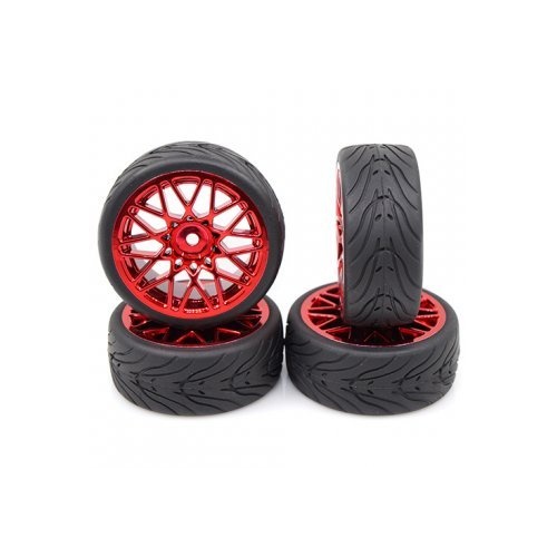 YEA-WL-0108	Yeah Racing 1.9" (+3mm Off-Set) Spec T On-Road Tyres on Red Mesh Rims - Wheels 4Pcs